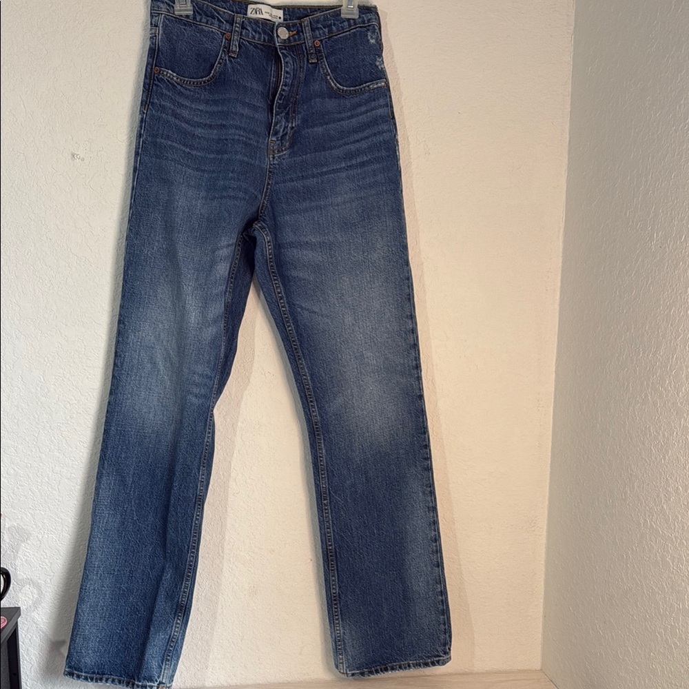 Zara Blue Straight-Leg Jeans with High-Rise Waist